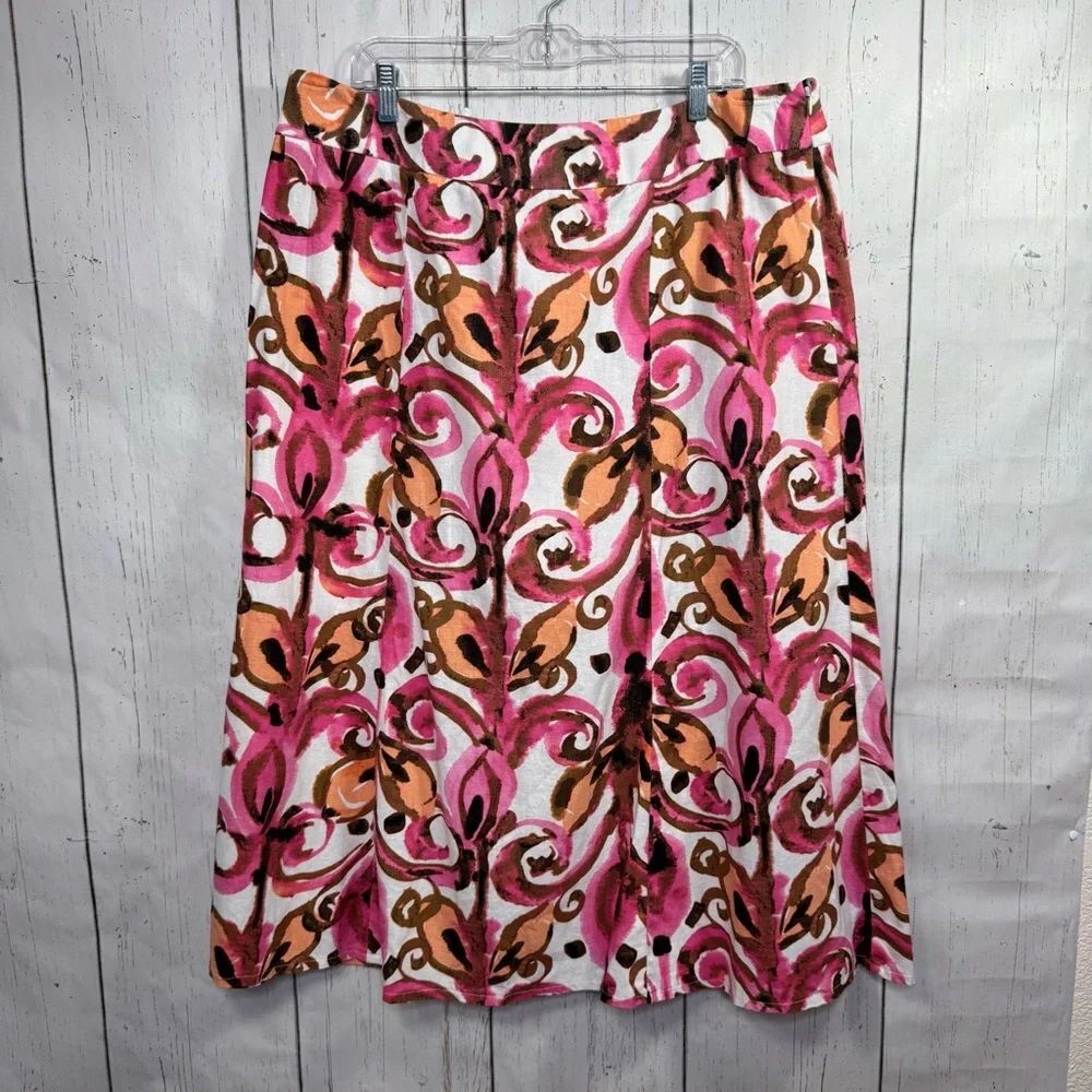 Kasper Pink Floral Linen Blend Pleated A Line Skirt Size 16W Garden Party Preppy